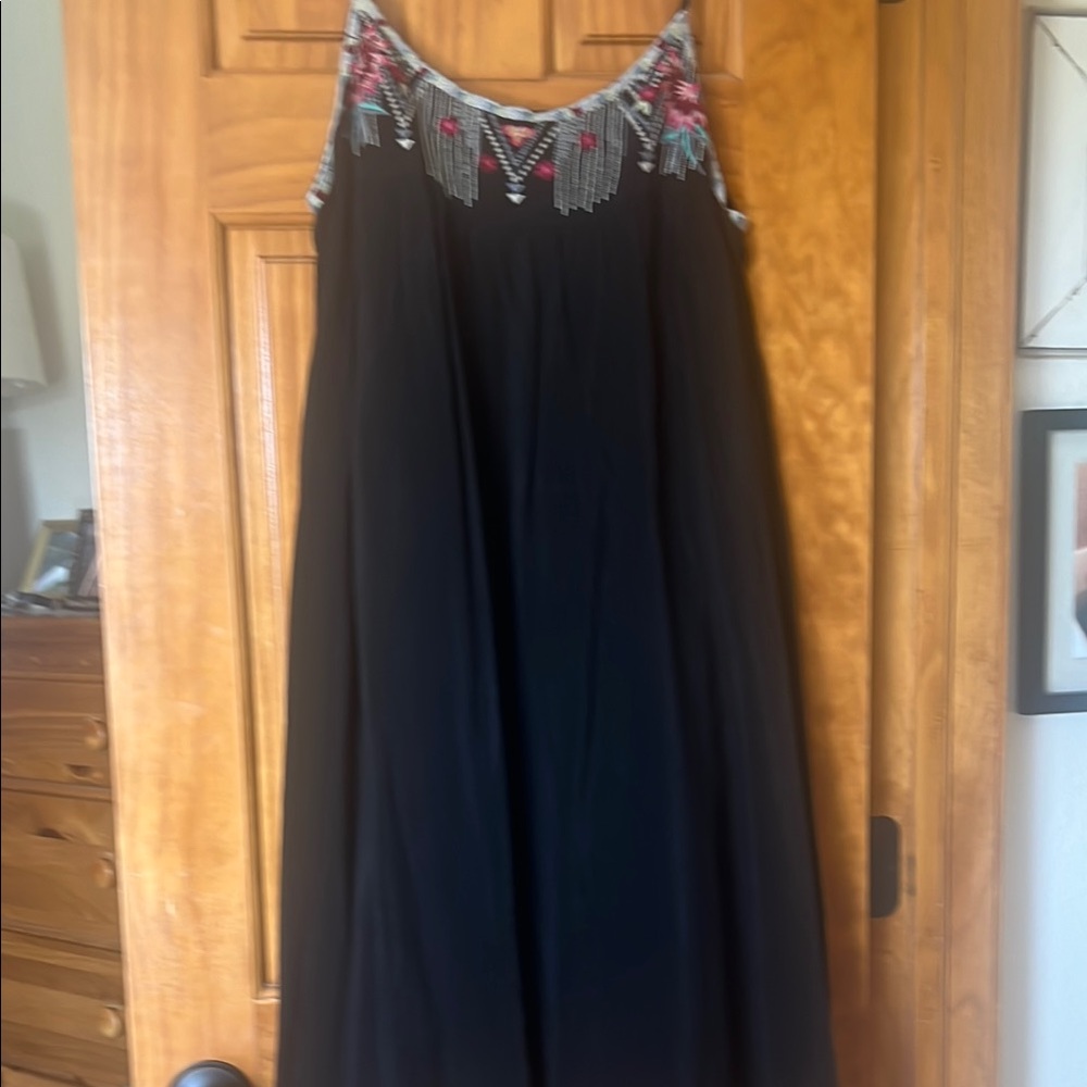 Johnny Was Black Embellished Halter Midi Dress
